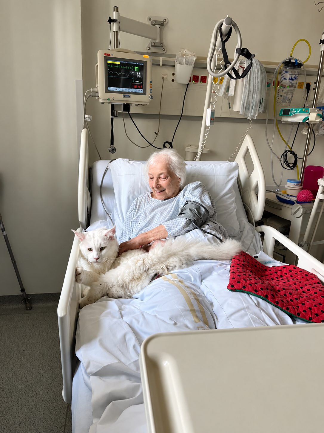 Pacientka na lůžku při návštěvě terapeutické kočky.
